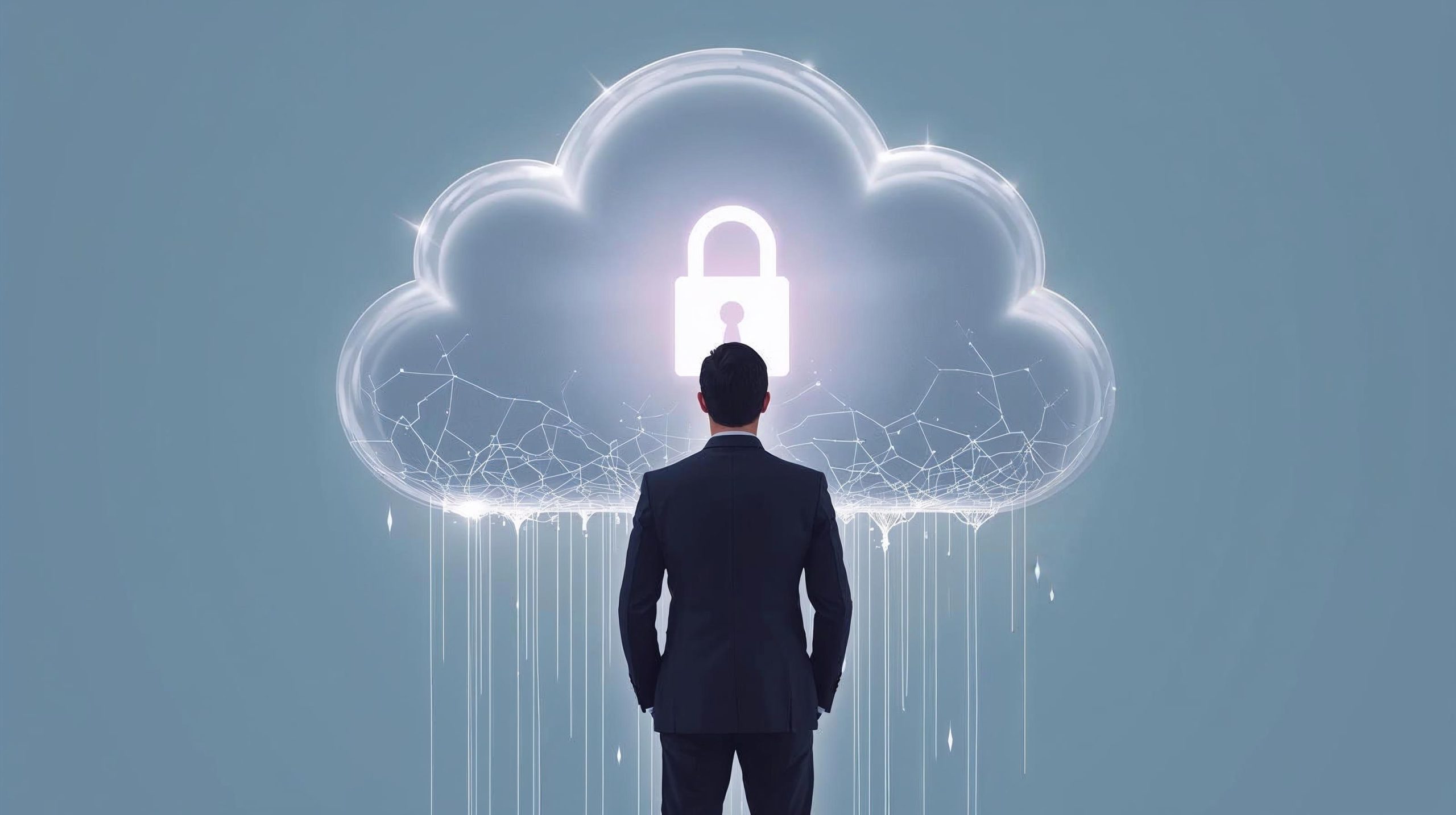 Ejecutivo frente a una nube digital que simboliza la falsa sensación de seguridad en la nube