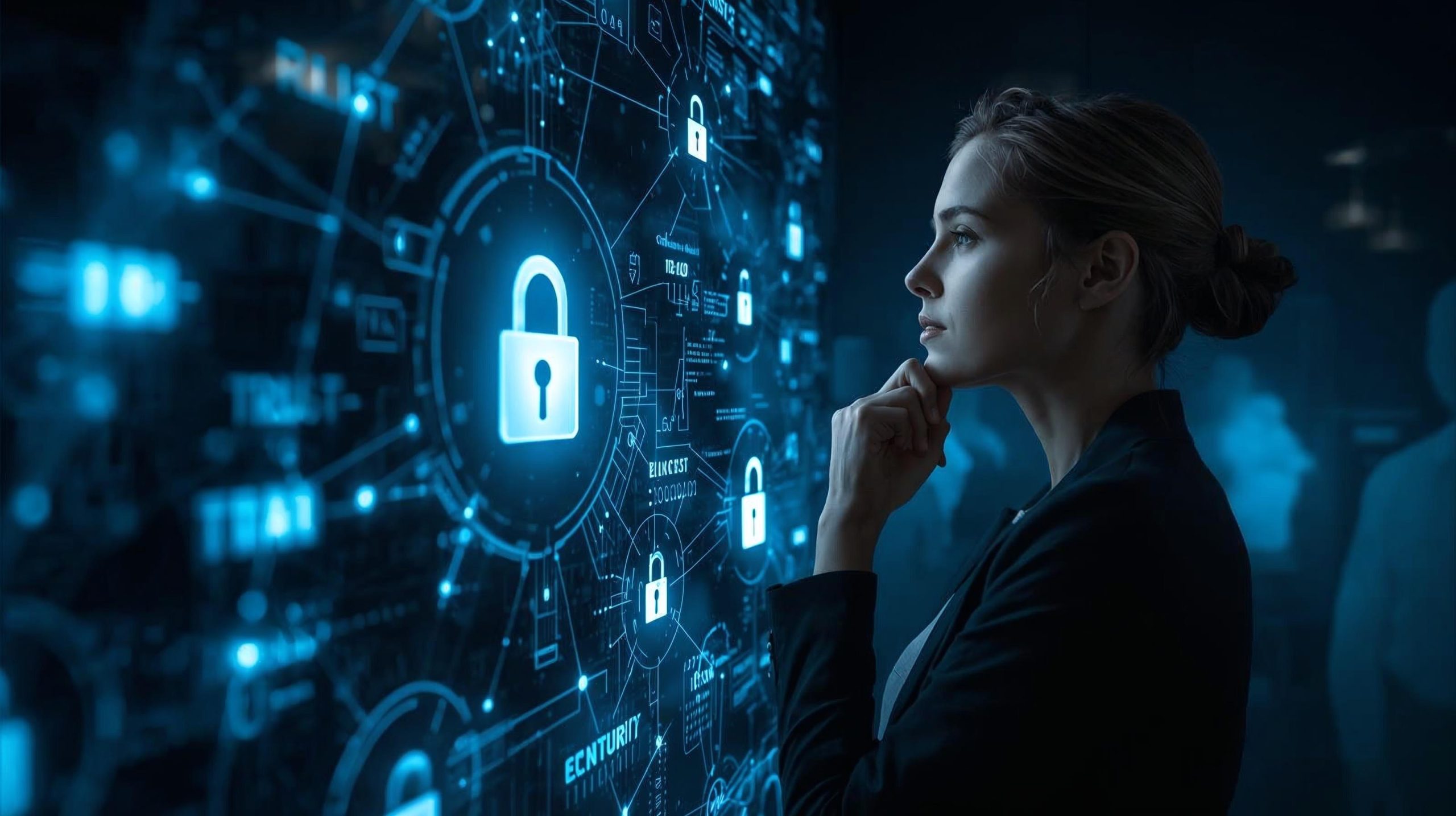 Ilustración conceptual de un directivo observando un entorno digital con redes de datos y símbolos de seguridad, que representa la conexión entre ética digital y datos personales.